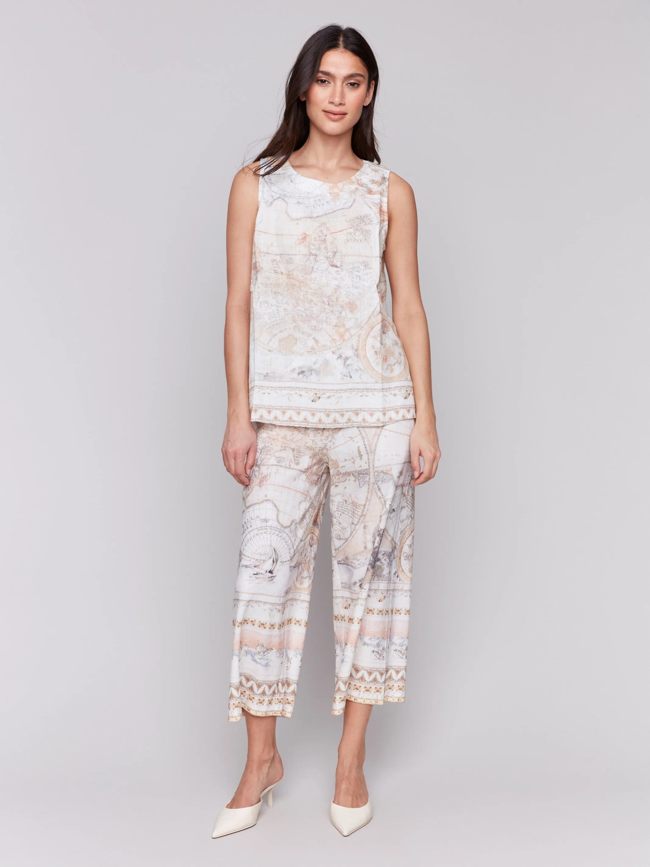 Printed Sleeveless Linen Blend Top - Atlas