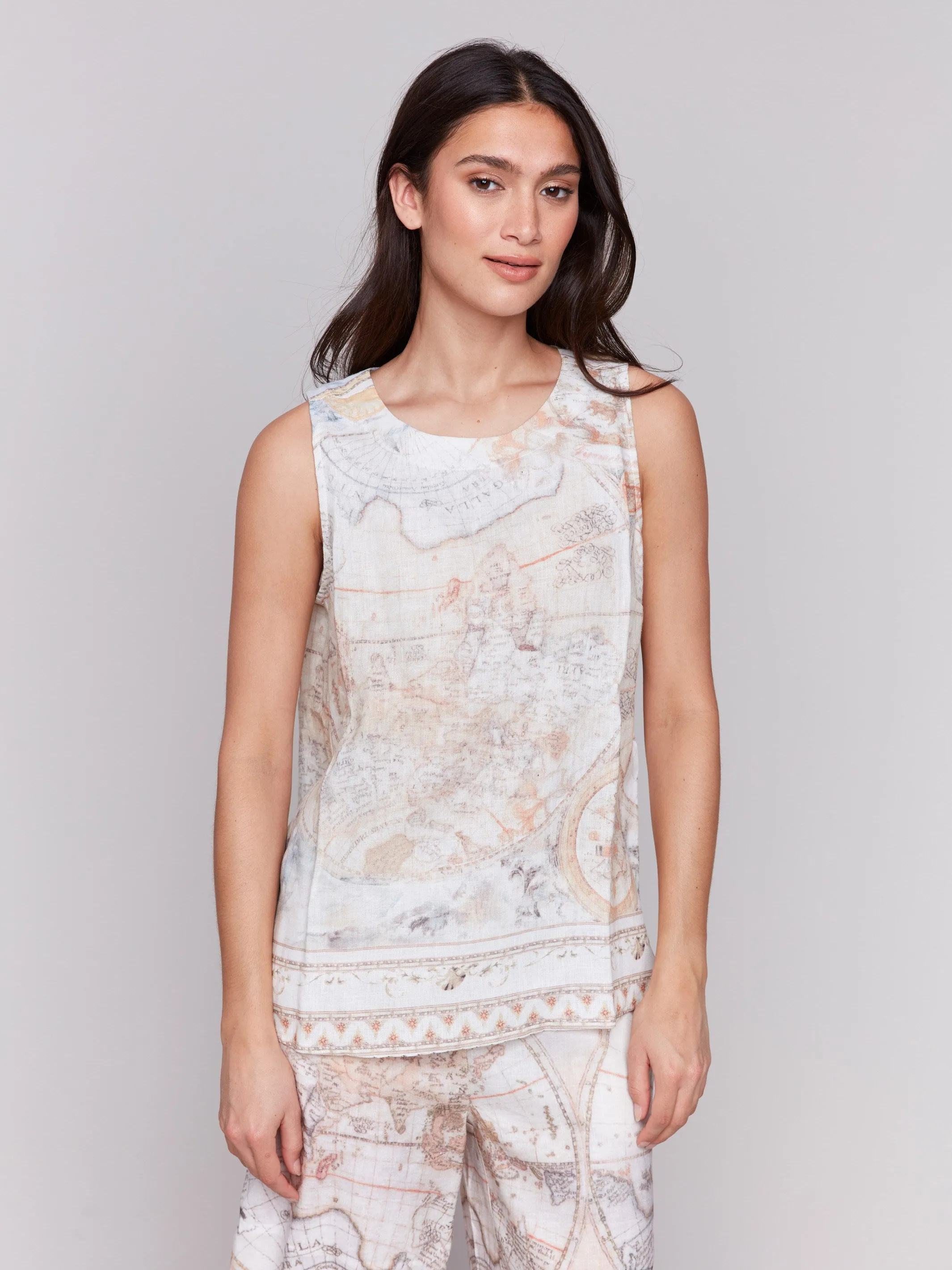 Printed Sleeveless Linen Blend Top - Atlas
