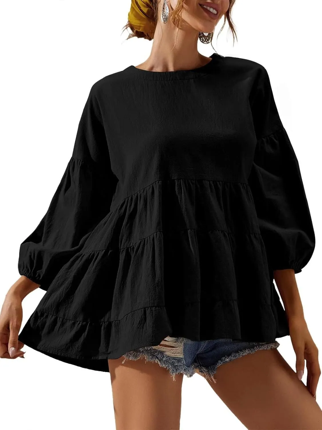 Women's Peplum Tops 3/4 Lantern Sleeve Crewneck Loose Babydoll Shirt Blouse
