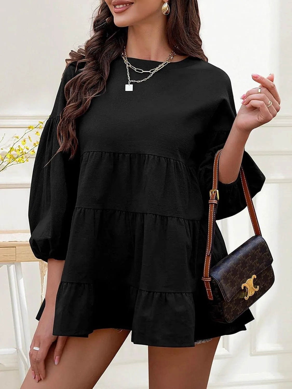 Women's Peplum Tops 3/4 Lantern Sleeve Crewneck Loose Babydoll Shirt Blouse