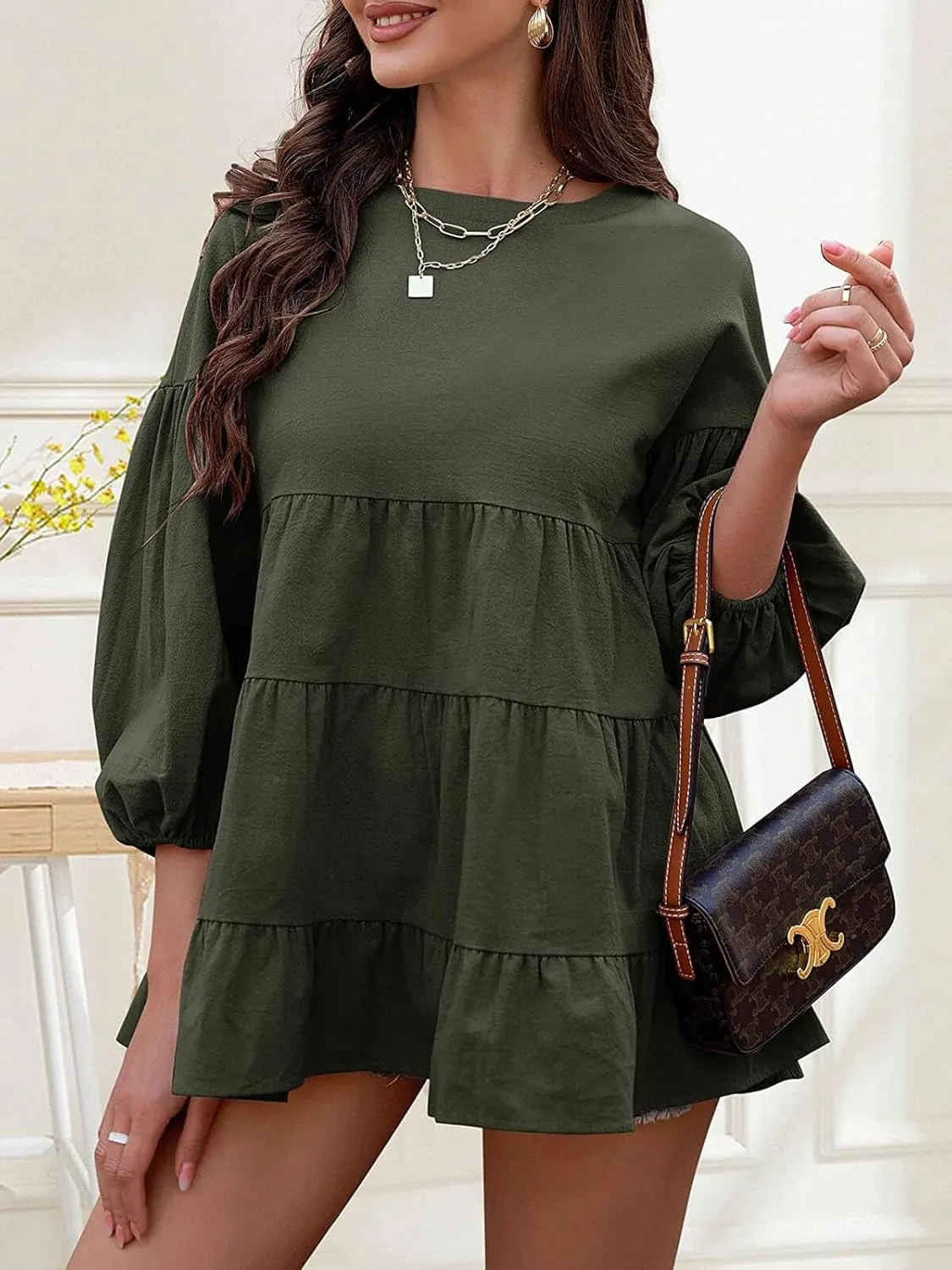 Women's Peplum Tops 3/4 Lantern Sleeve Crewneck Loose Babydoll Shirt Blouse