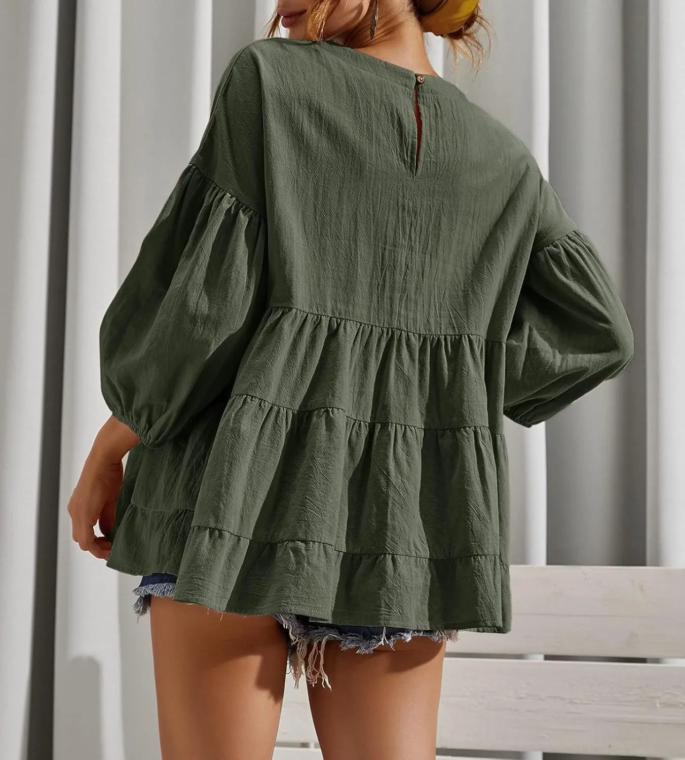 Women's Peplum Tops 3/4 Lantern Sleeve Crewneck Loose Babydoll Shirt Blouse