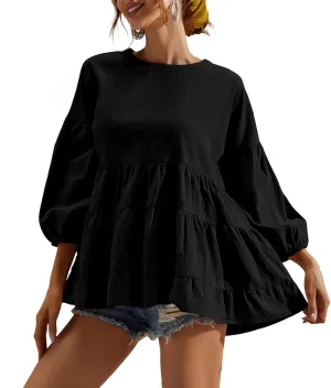 Women's Peplum Tops 3/4 Lantern Sleeve Crewneck Loose Babydoll Shirt Blouse